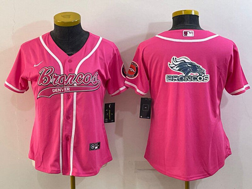 Women's Denver Broncos Pink Team Big Logo With Patch Cool Base Stitched Baseball Jersey(Run Small)